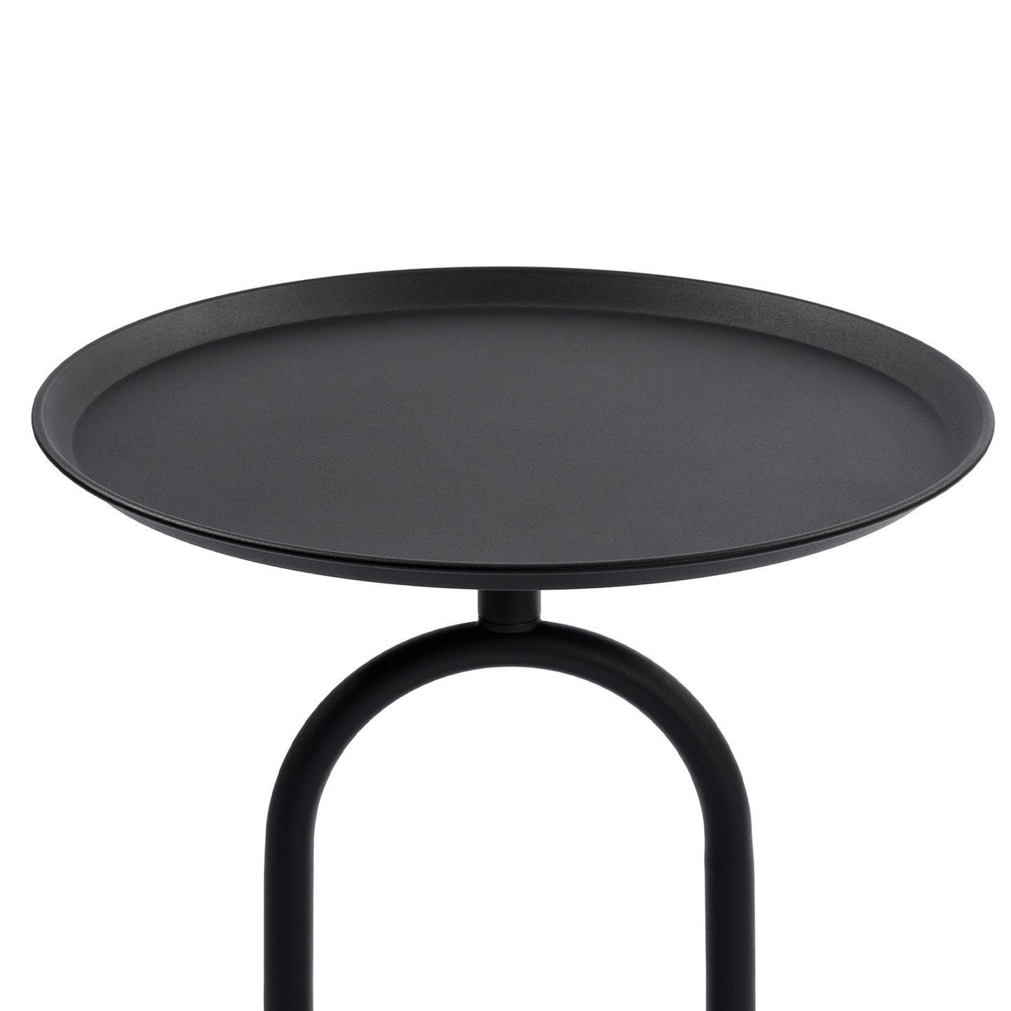 Matte black metal accent table with a round top and curved legs