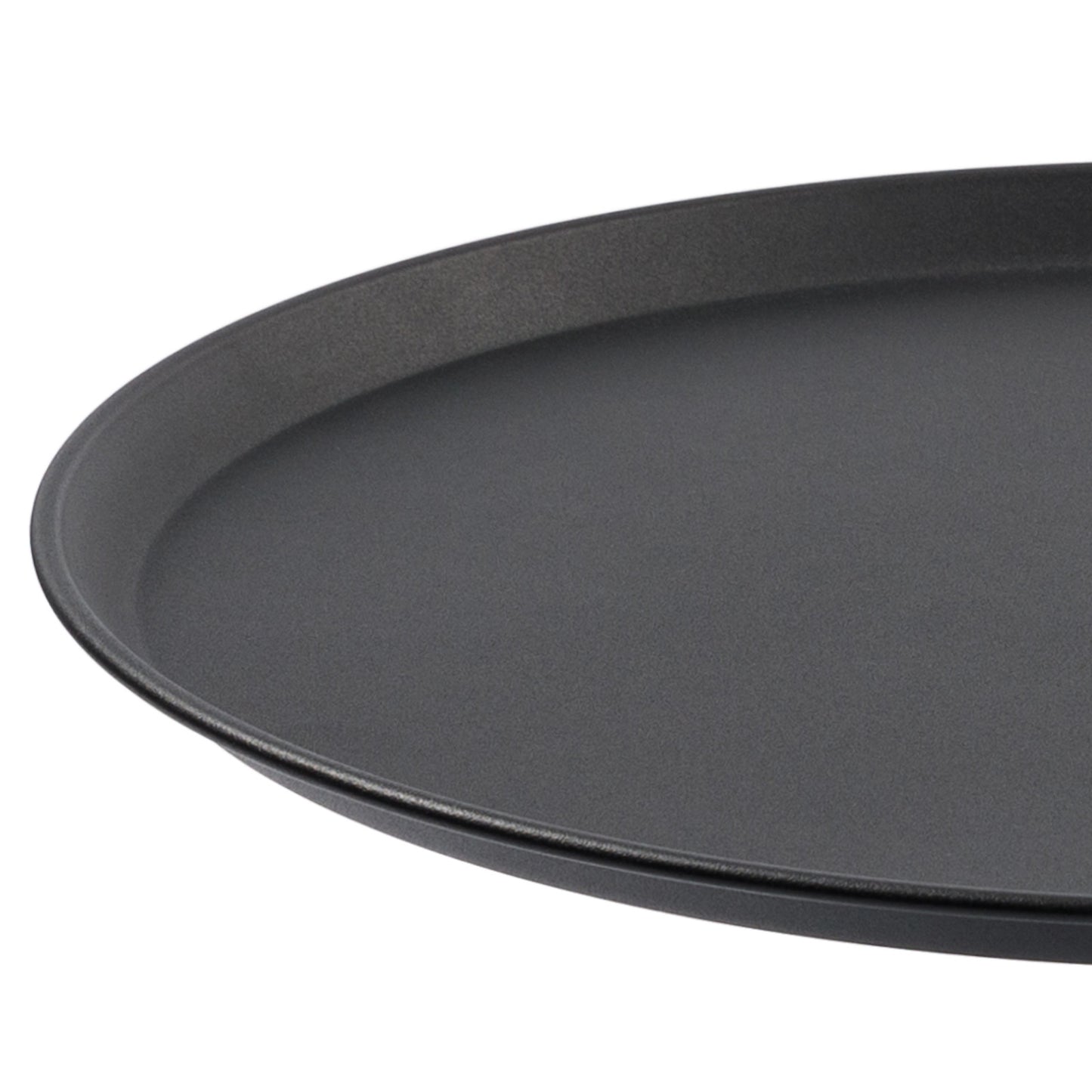 Black serving tray with a textured matte finish and a raised rim