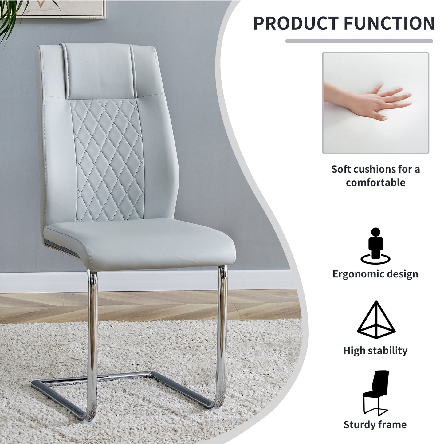 Light gray upholstered dining chair with diamond stitching on back and chrome cantilever base