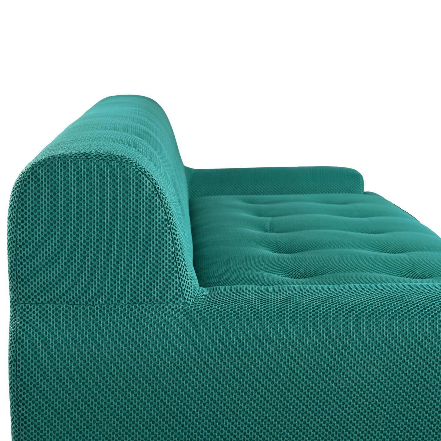 Teal modern sofa with tufted cushions and textured fabric