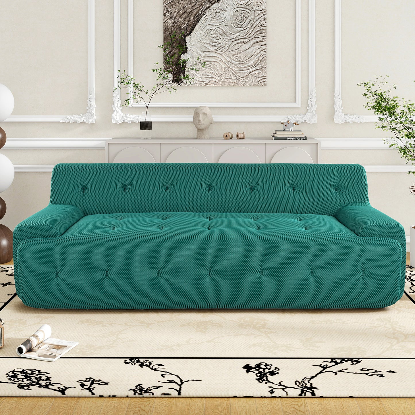 Teal fabric tufted sofa with modern button detailing perfect for living room seating