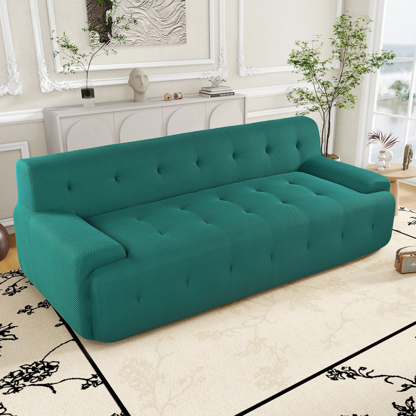 Teal velvet tufted sofa with plush cushions for modern living rooms