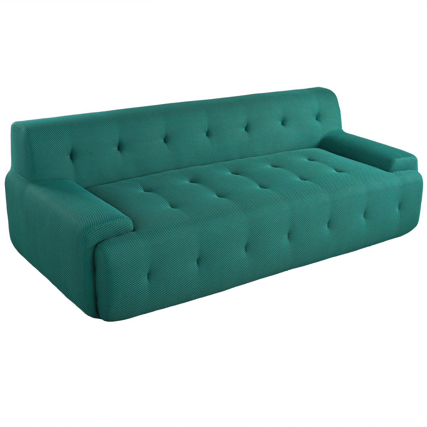Teal fabric sofa with tufted cushions and modern low profile design