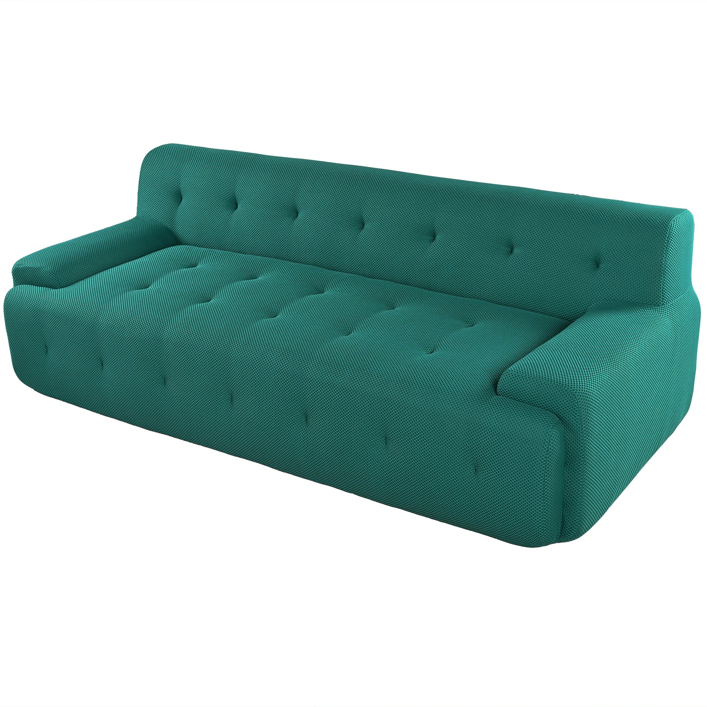 Teal upholstered sofa with button tufting and modern design