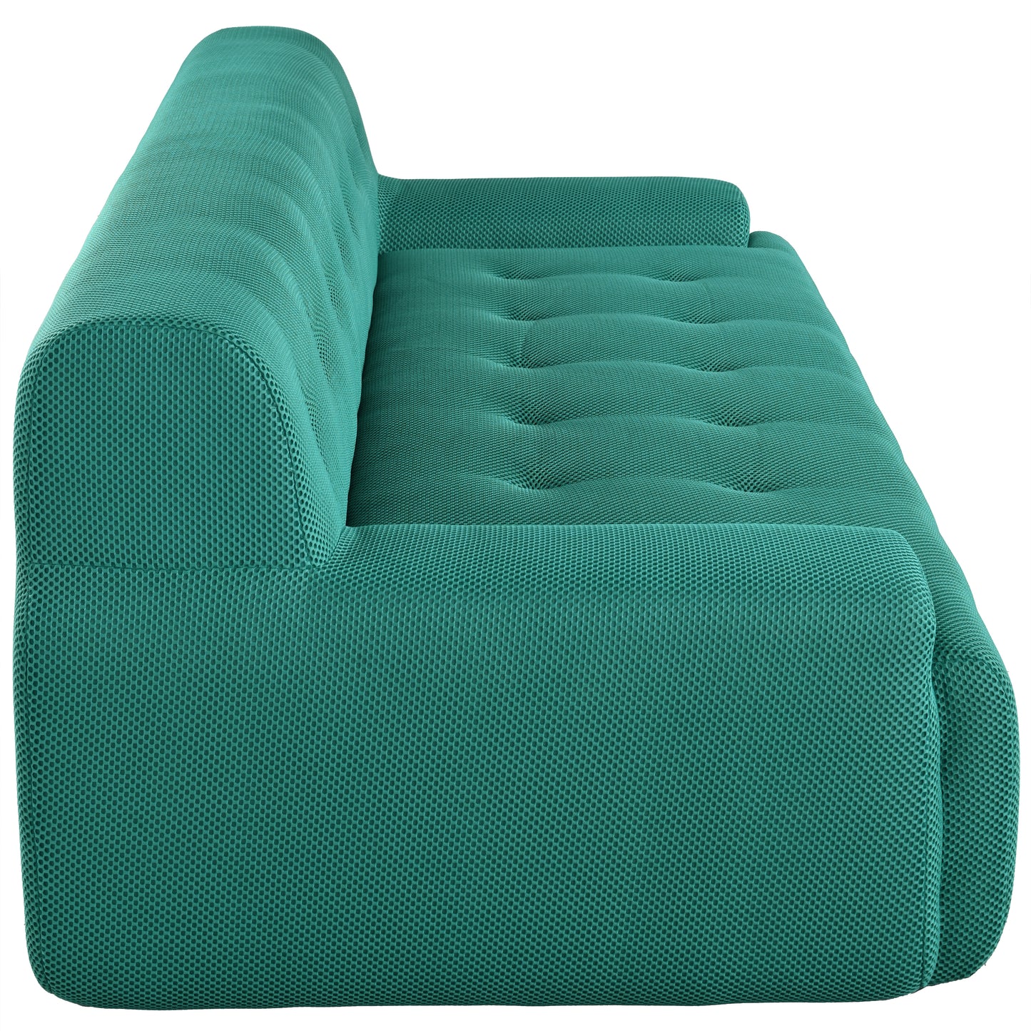 Turquoise fabric sofa with tufted cushions and rounded arms modern living room furniture