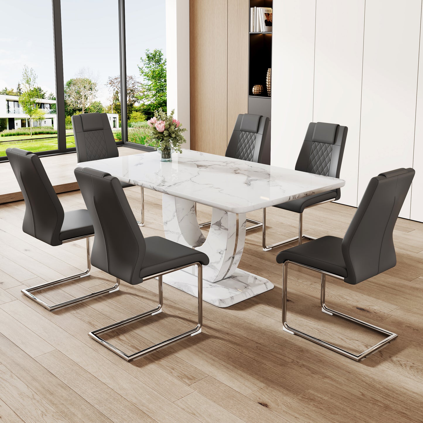 Modern marble dining table with six black faux leather chairs