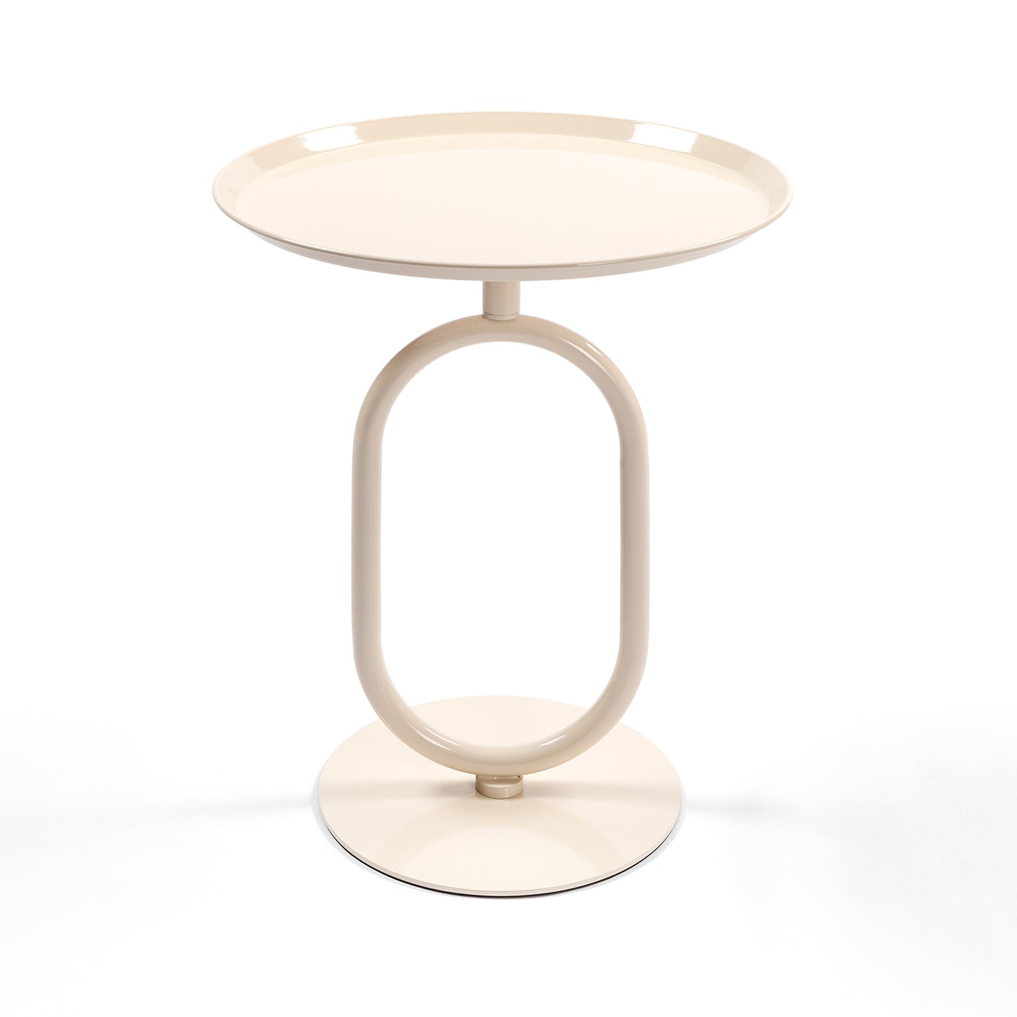 Cream oval side table with a minimalist metal frame perfect for modern living rooms