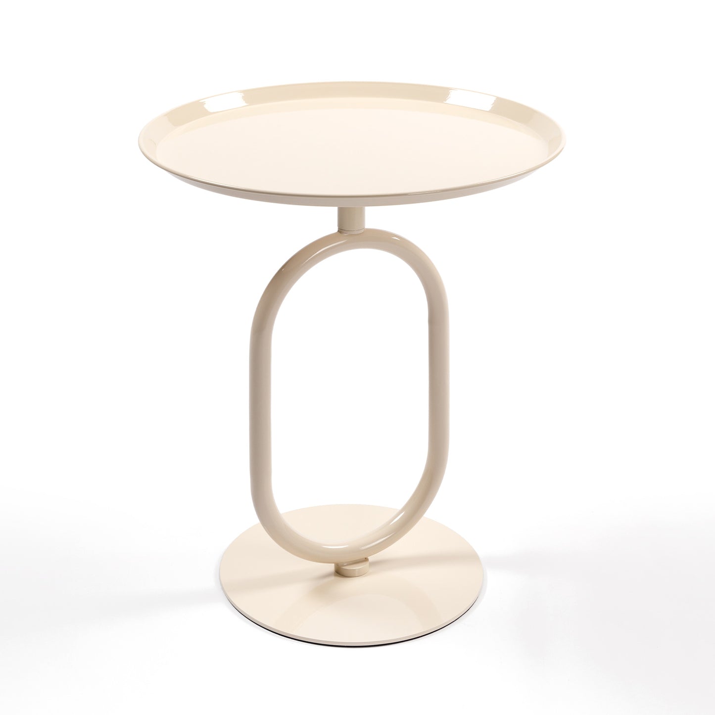 Cream modern side table with oval metal base and circular top