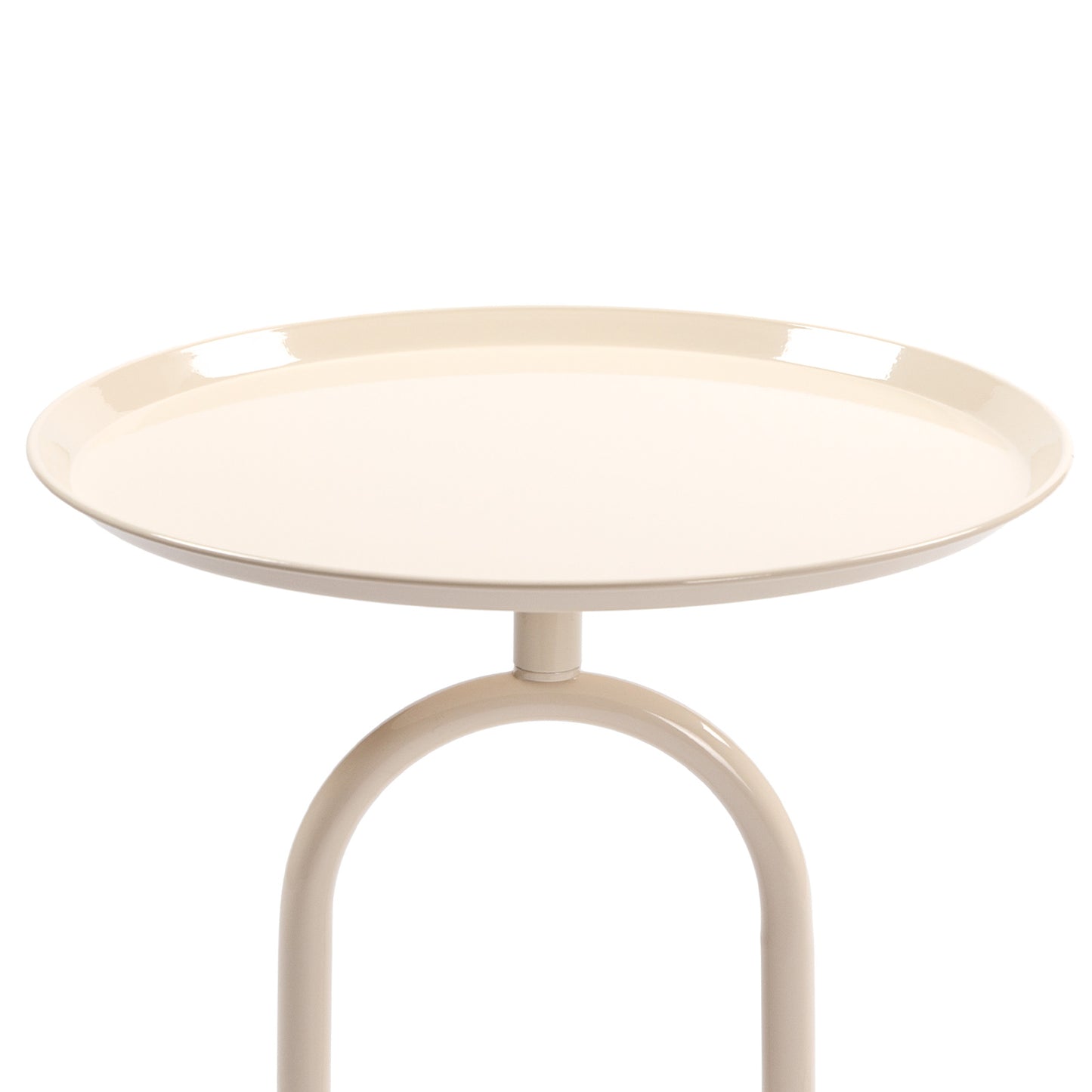 Minimalist cream side table with curved metal base and round tray top