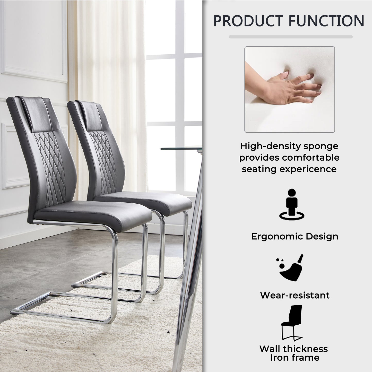 Two modern gray faux leather dining chairs with diamond stitching and chrome cantilever bases