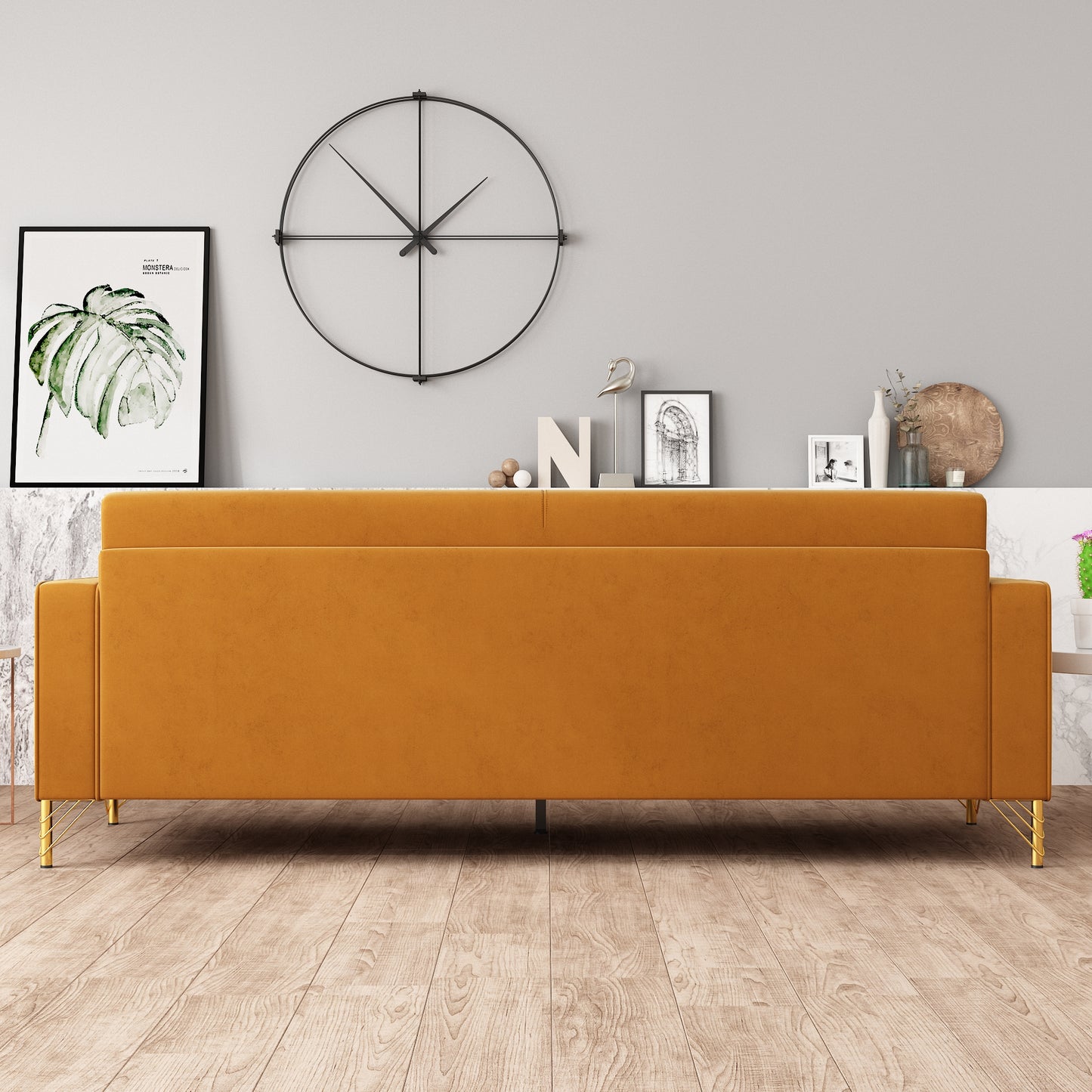 Modern mustard velvet sofa with sleek gold legs perfect for contemporary living rooms