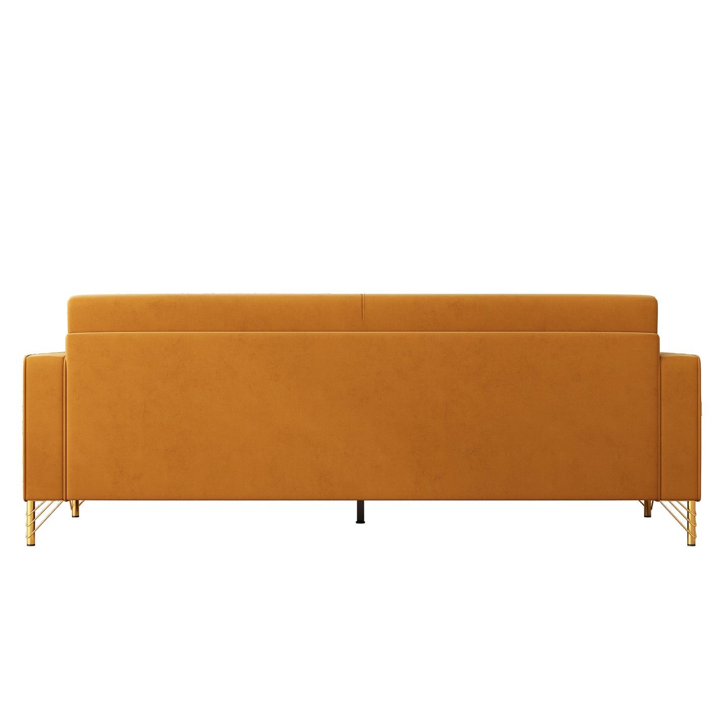 Back view of a luxurious orange velvet sofa with gold metal legs modern design