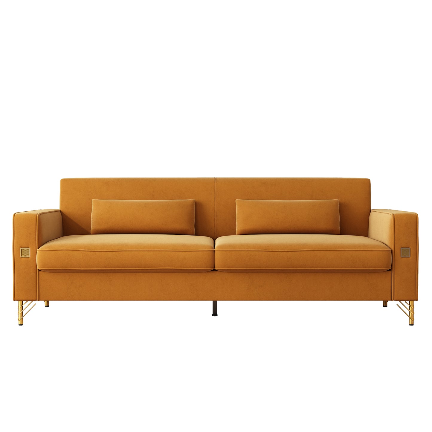 Burnt orange velvet sofa with gold legs and two matching lumbar pillows
