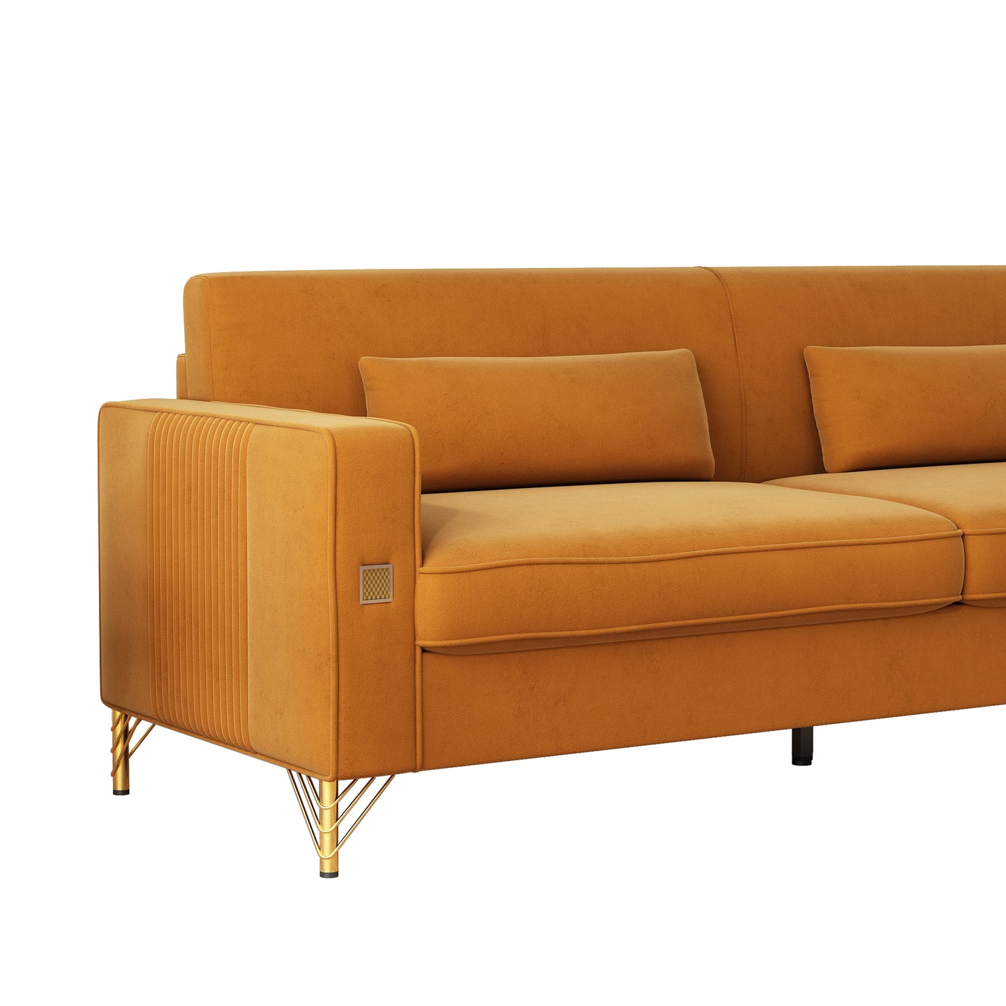 Orange velvet sofa with ribbed armrest and gold metal legs