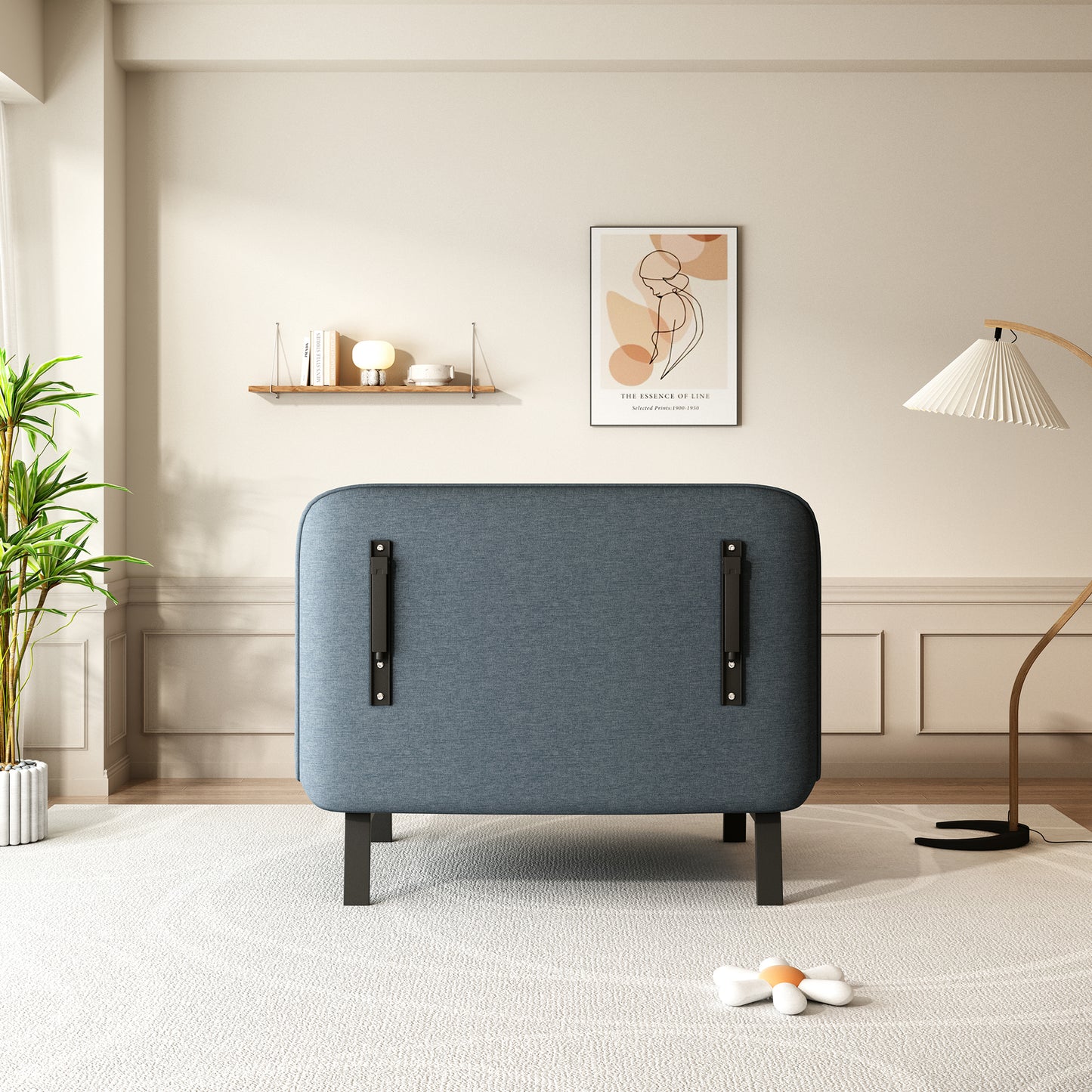 Upholstered blue headboard with wall mounting brackets minimalist design