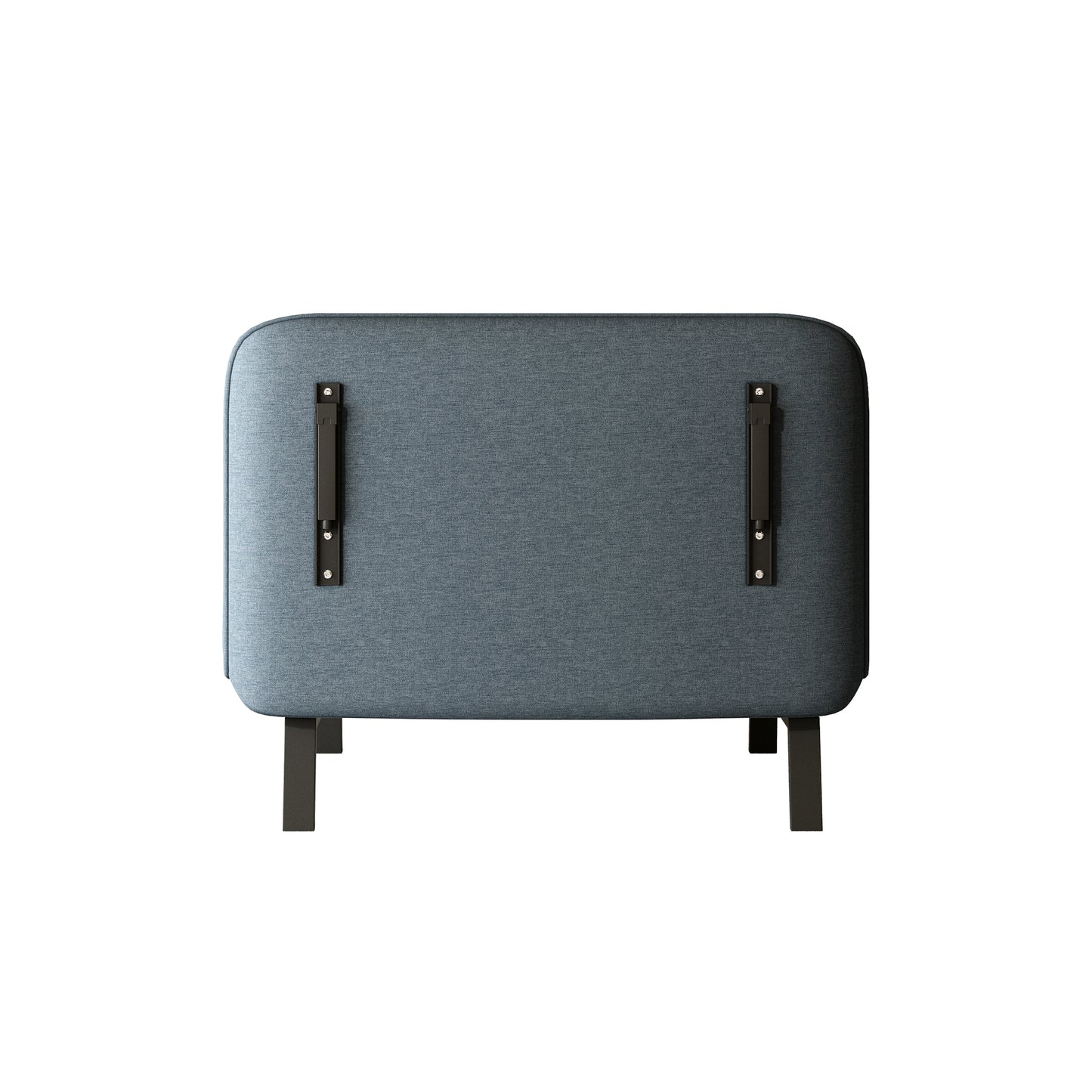 Modern blue upholstered headboard with black metal mounting brackets and legs