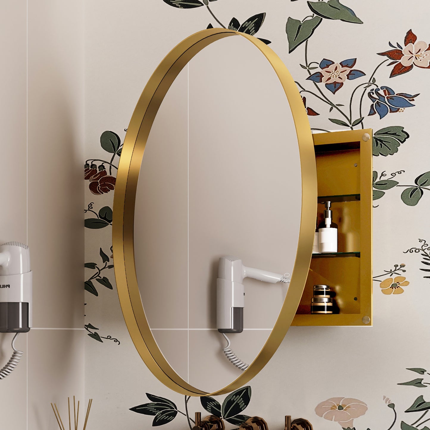 Gold oval mirror with floral wallpaper and a bathroom hairdryer