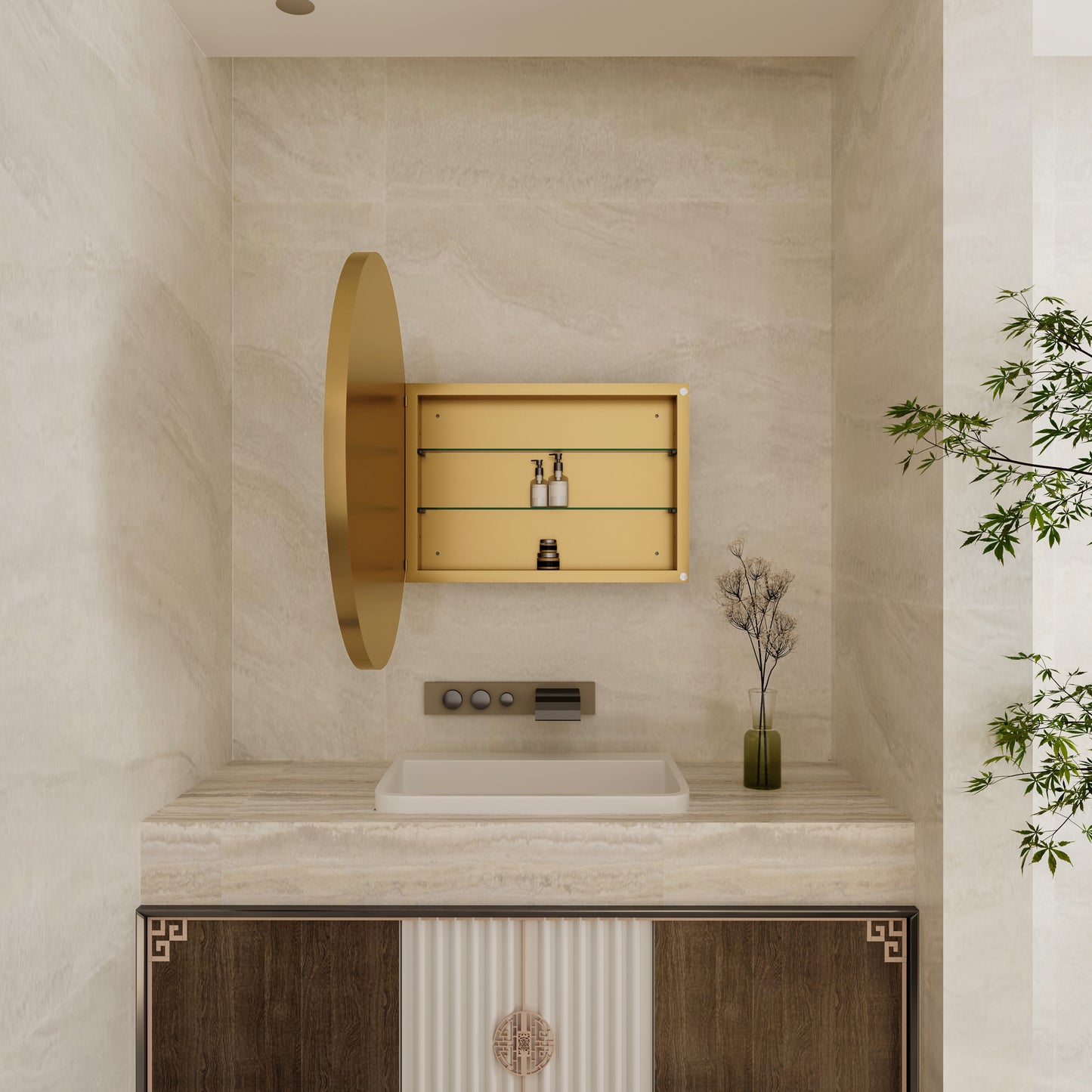 Modern vanity with gold medicine cabinet and integrated sink ideal for a minimalist bathroom