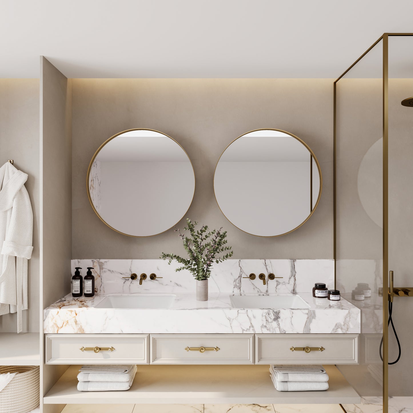 Modern double vanity with marble countertop and goldframed mirrors