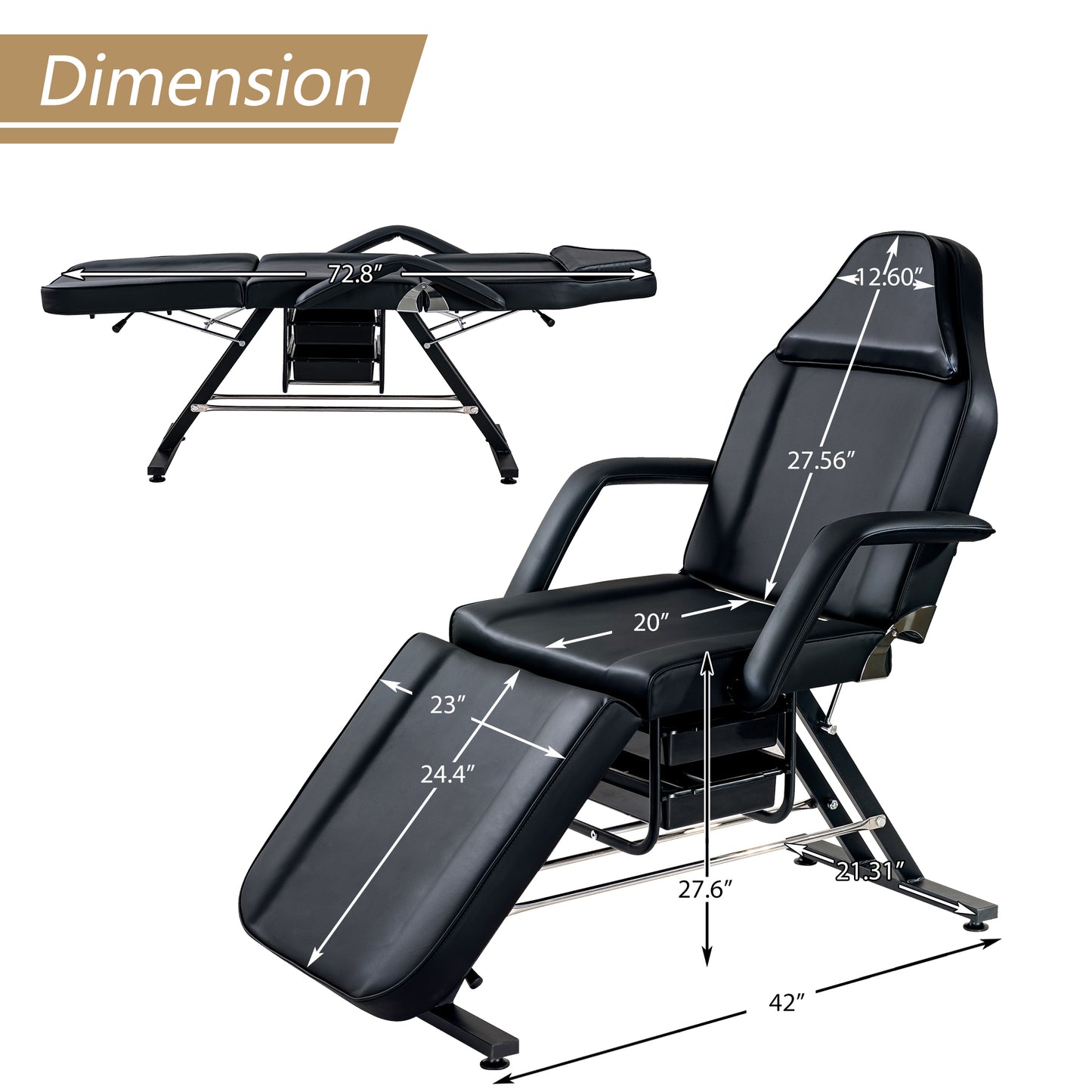 Black adjustable facial bed with padded headrest and armrests dimensions shown