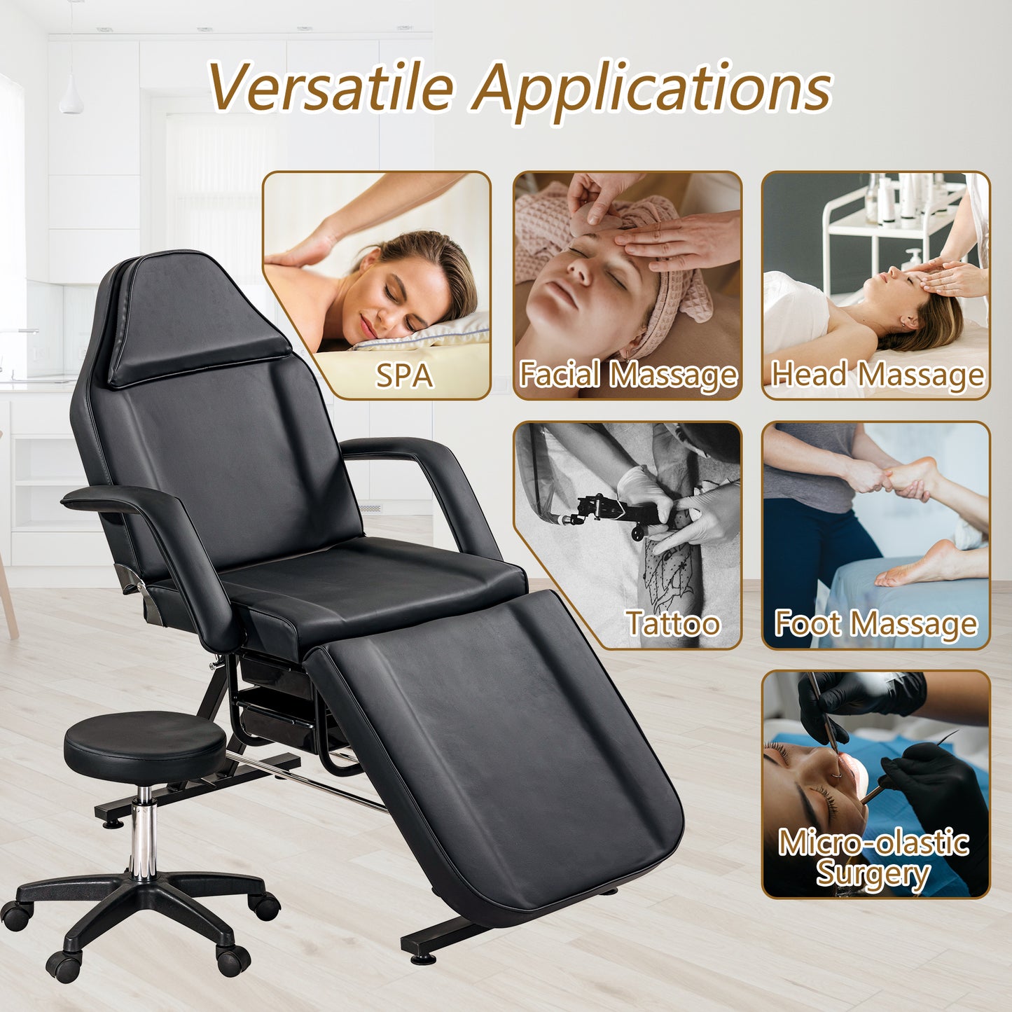 Adjustable black massage chair with padded headrest ideal for spa treatments