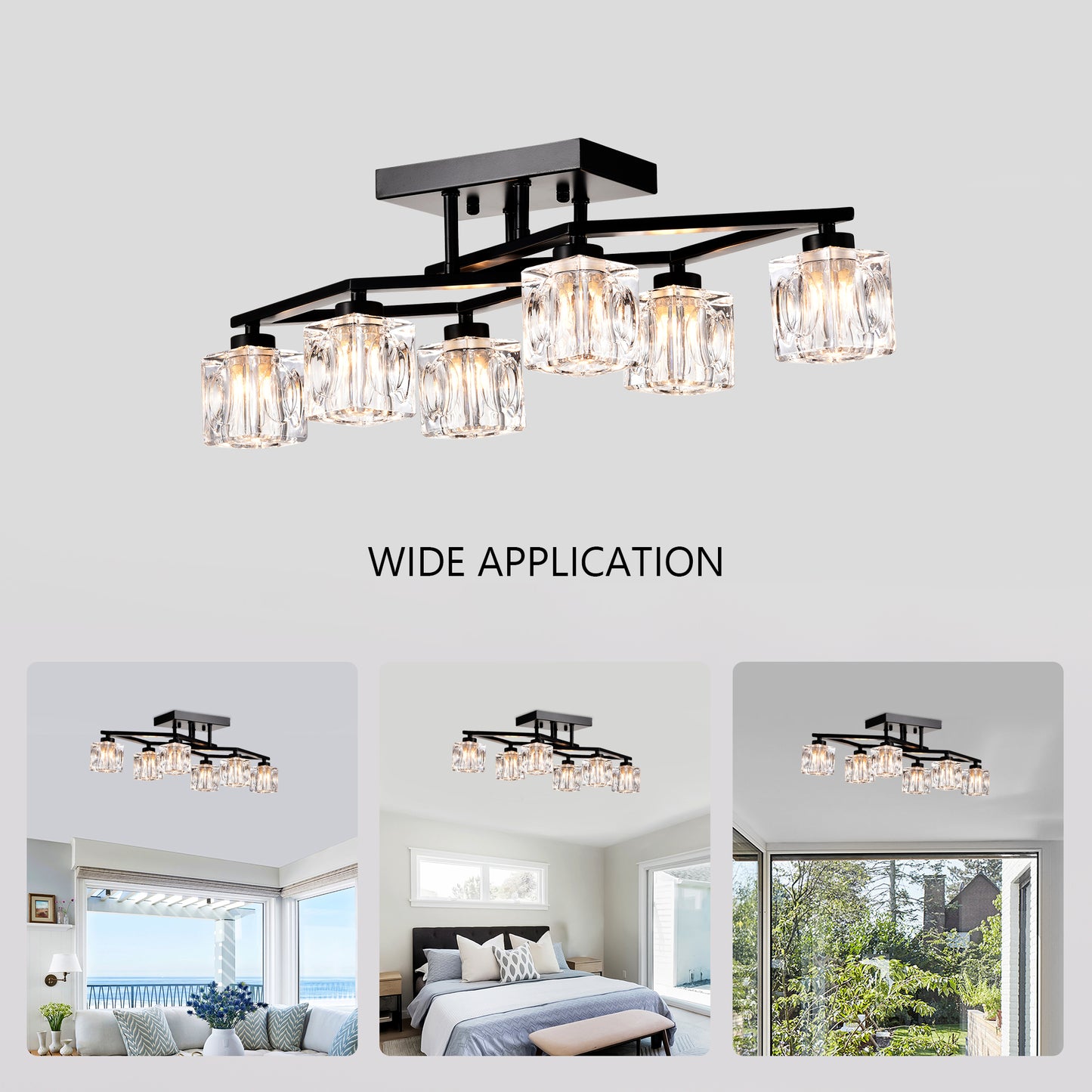 Modern black semiflush mount ceiling light with clear crystal cube shades and bulbs