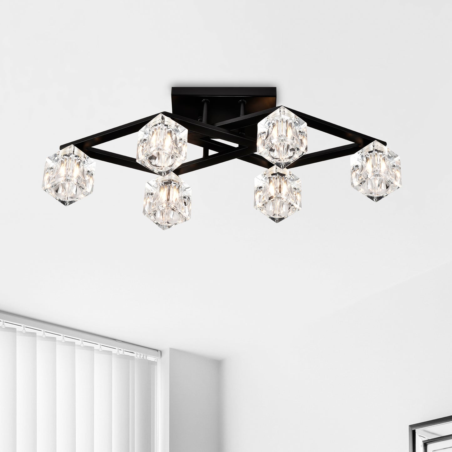 Black modern flush mount light with clear crystal geometric shades casting elegant light