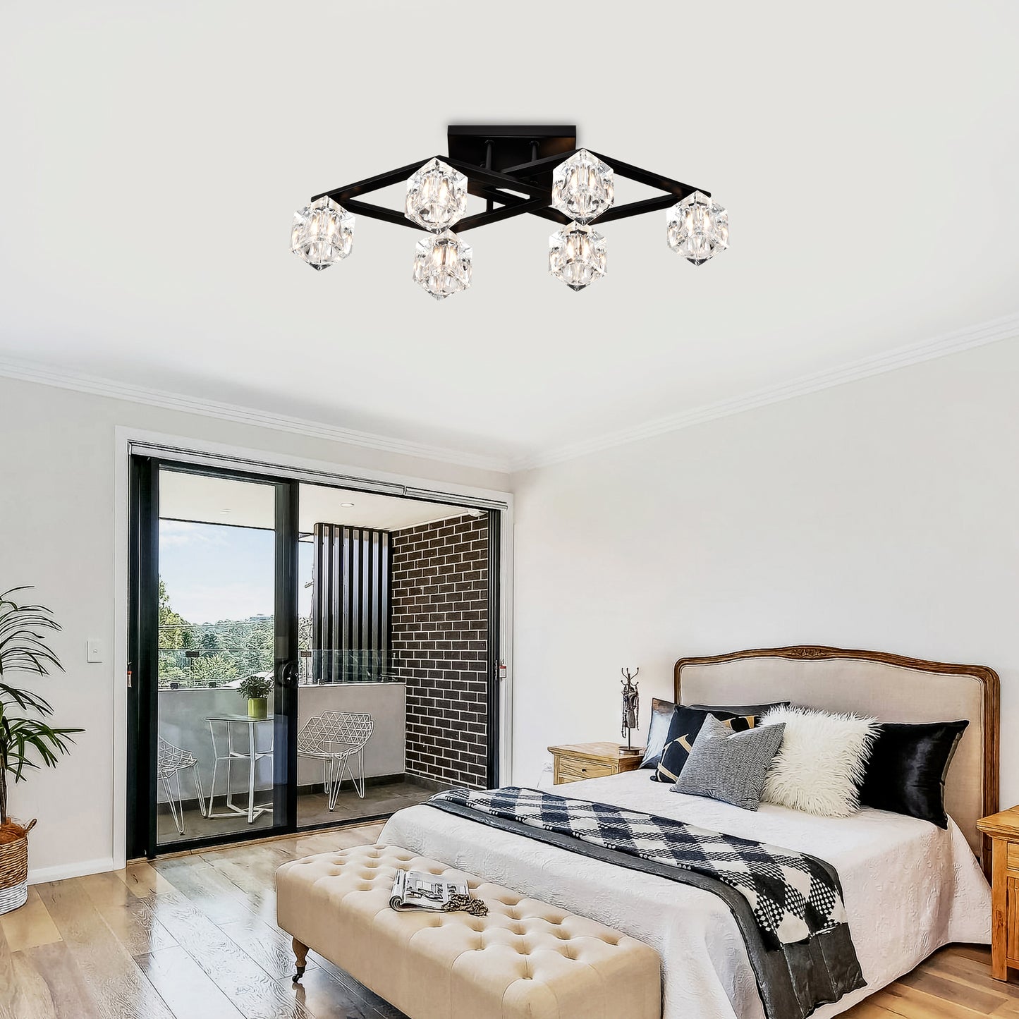 Modern black flush mount ceiling light with faceted crystal accents ideal for bedrooms