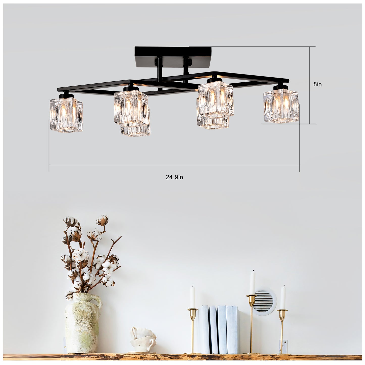 Modern black flush mount ceiling light with clear crystal shades in width