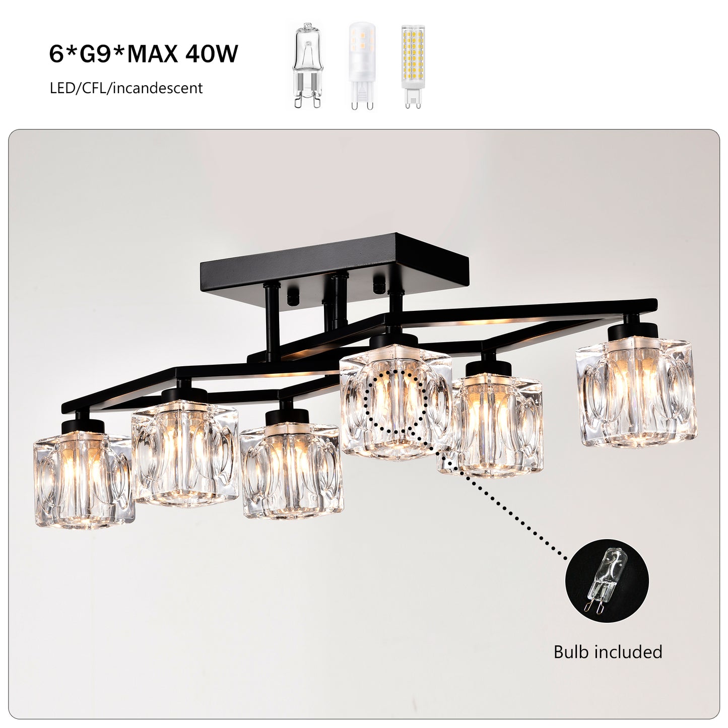 Black flush mount ceiling light with six clear glass shades