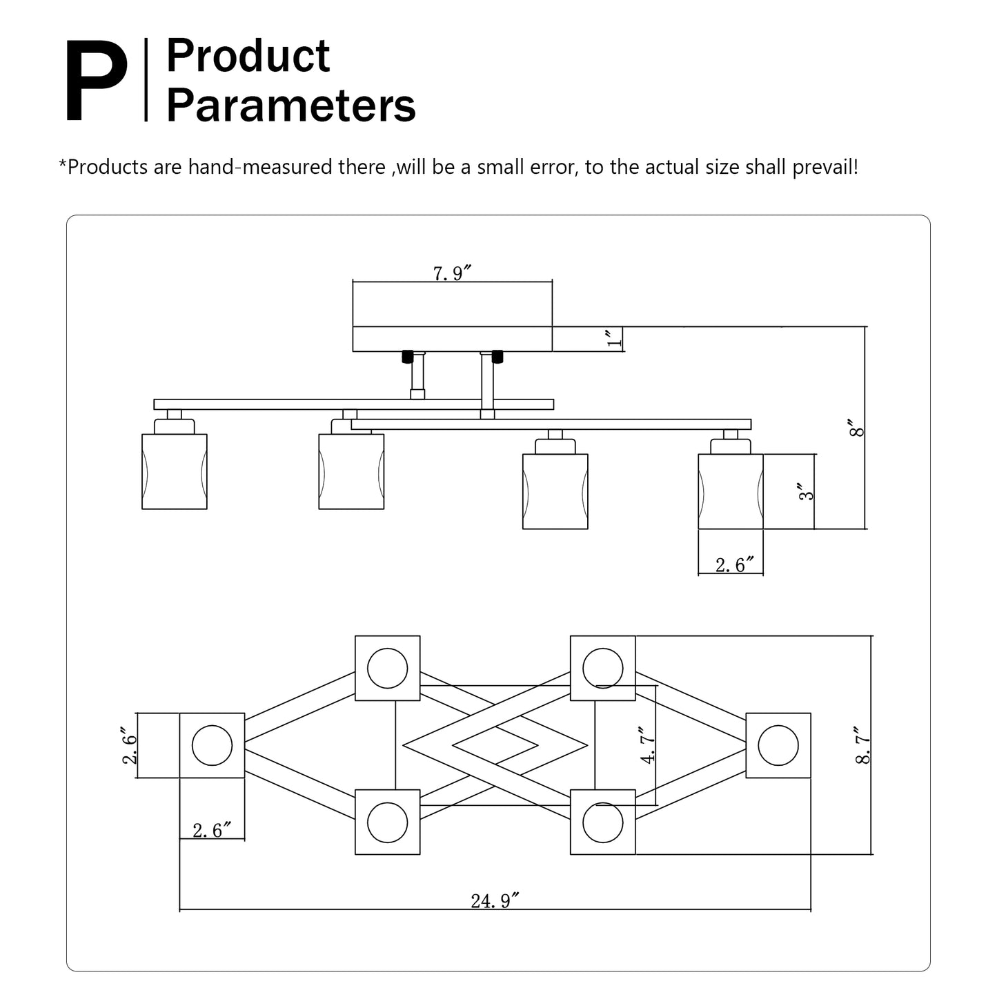 Line drawing of a fourlight ceiling fixture with glass shades and dimensions