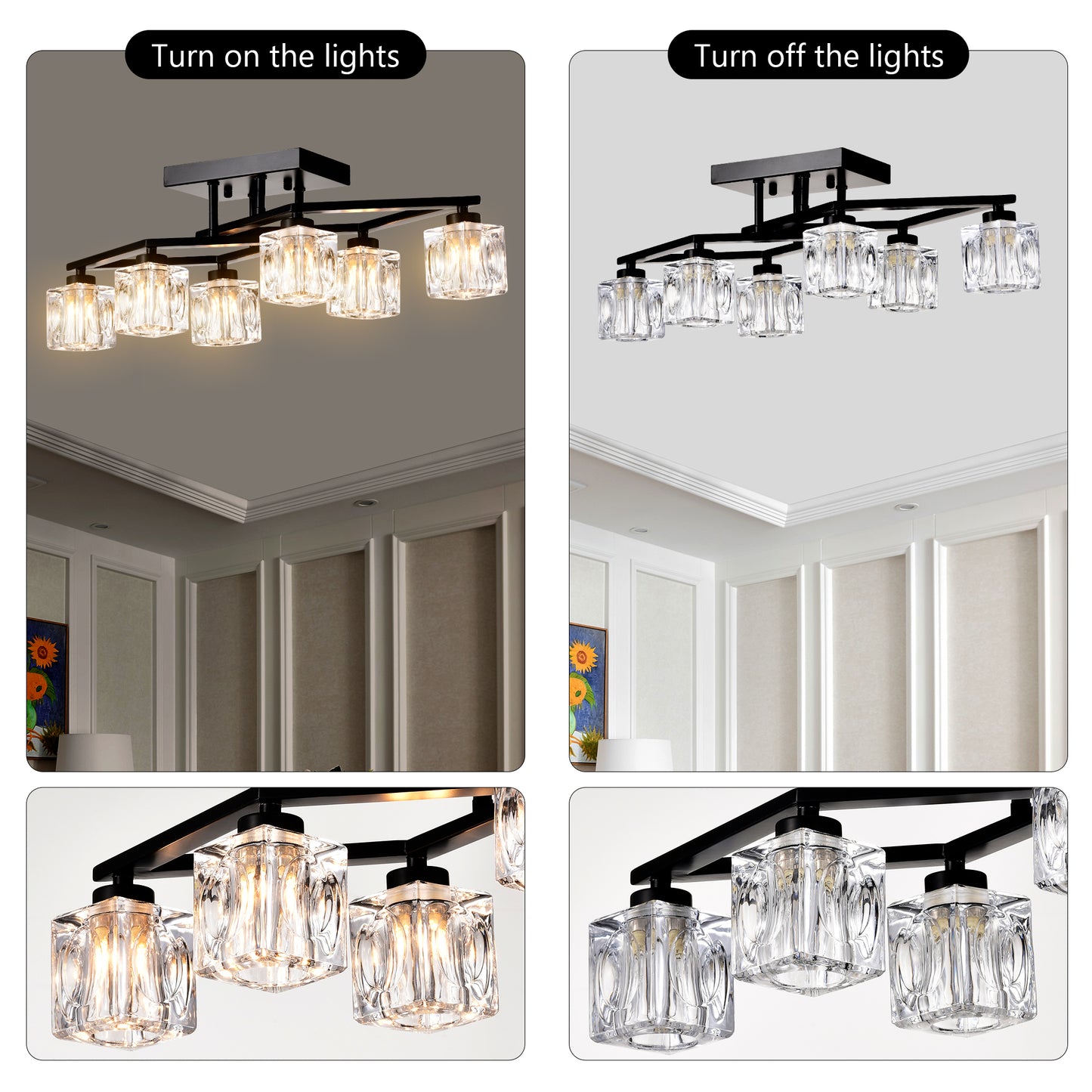 Modern black flush mount ceiling light with five square crystal glass shades illuminating a room
