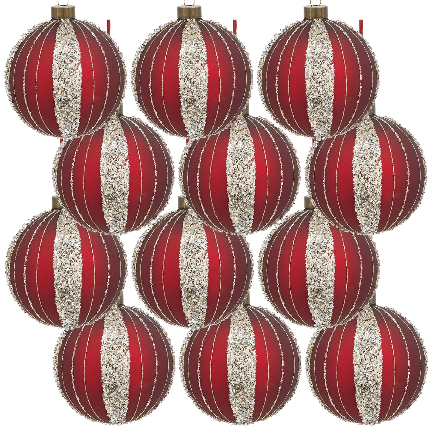 Set of red Christmas baubles with glitter stripes and gold trim