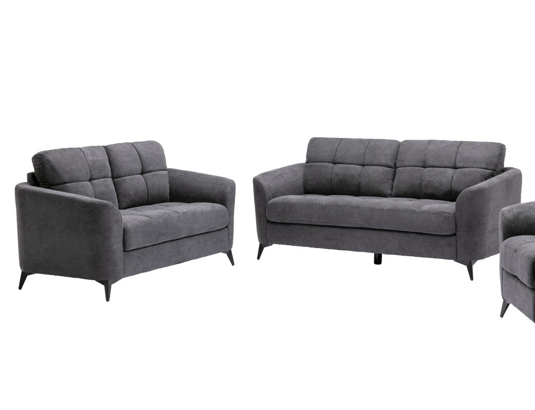 Dark grey upholstered loveseat with tufted cushions and black legs