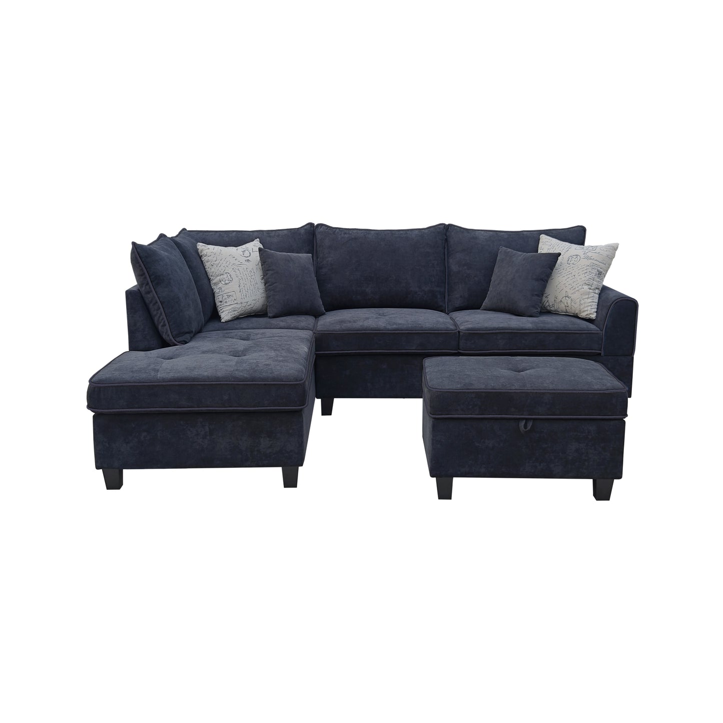 Deep navy sectional sofa with chaise tufted ottoman and decorative pillows