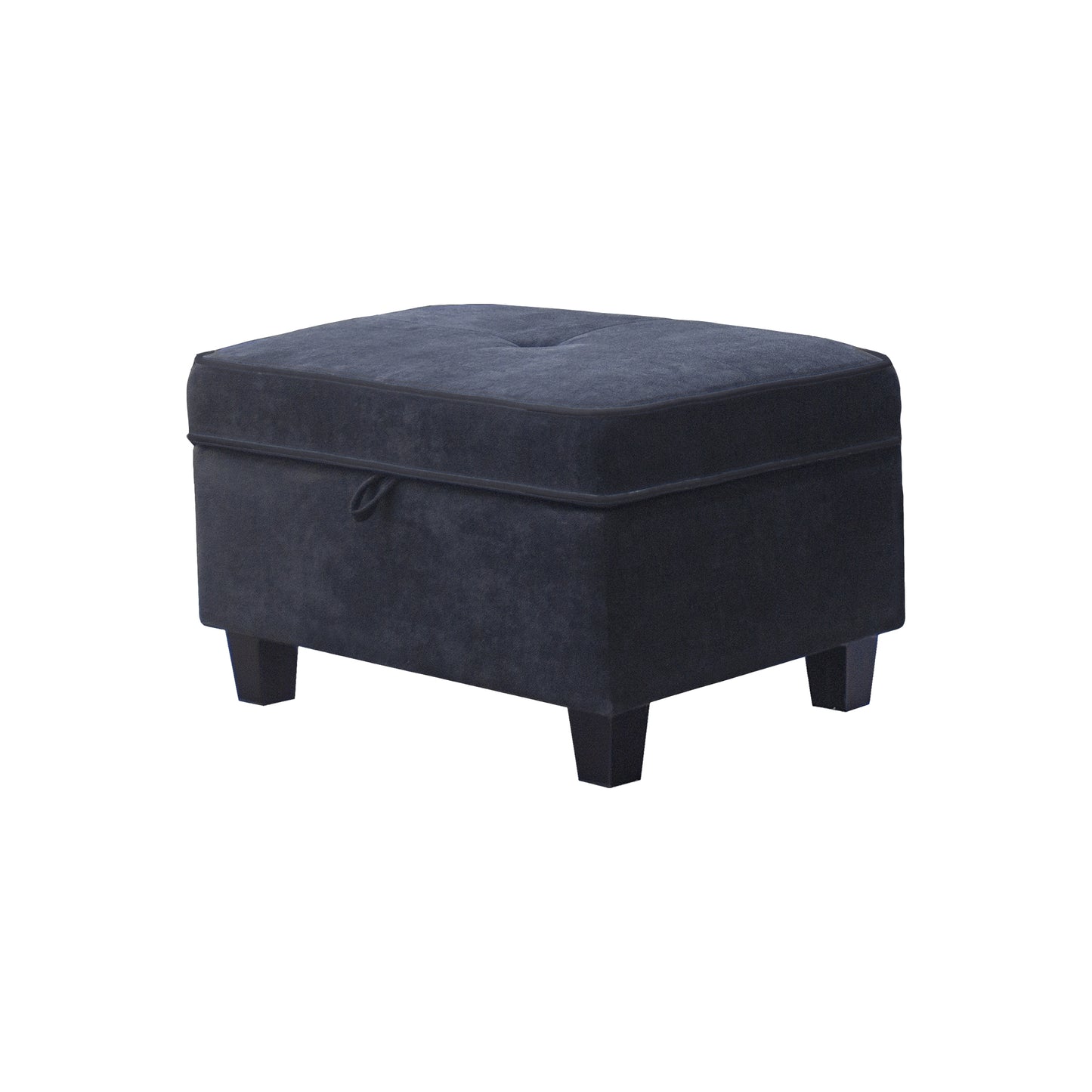 Dark grey velvet storage ottoman with tufted top and black legs