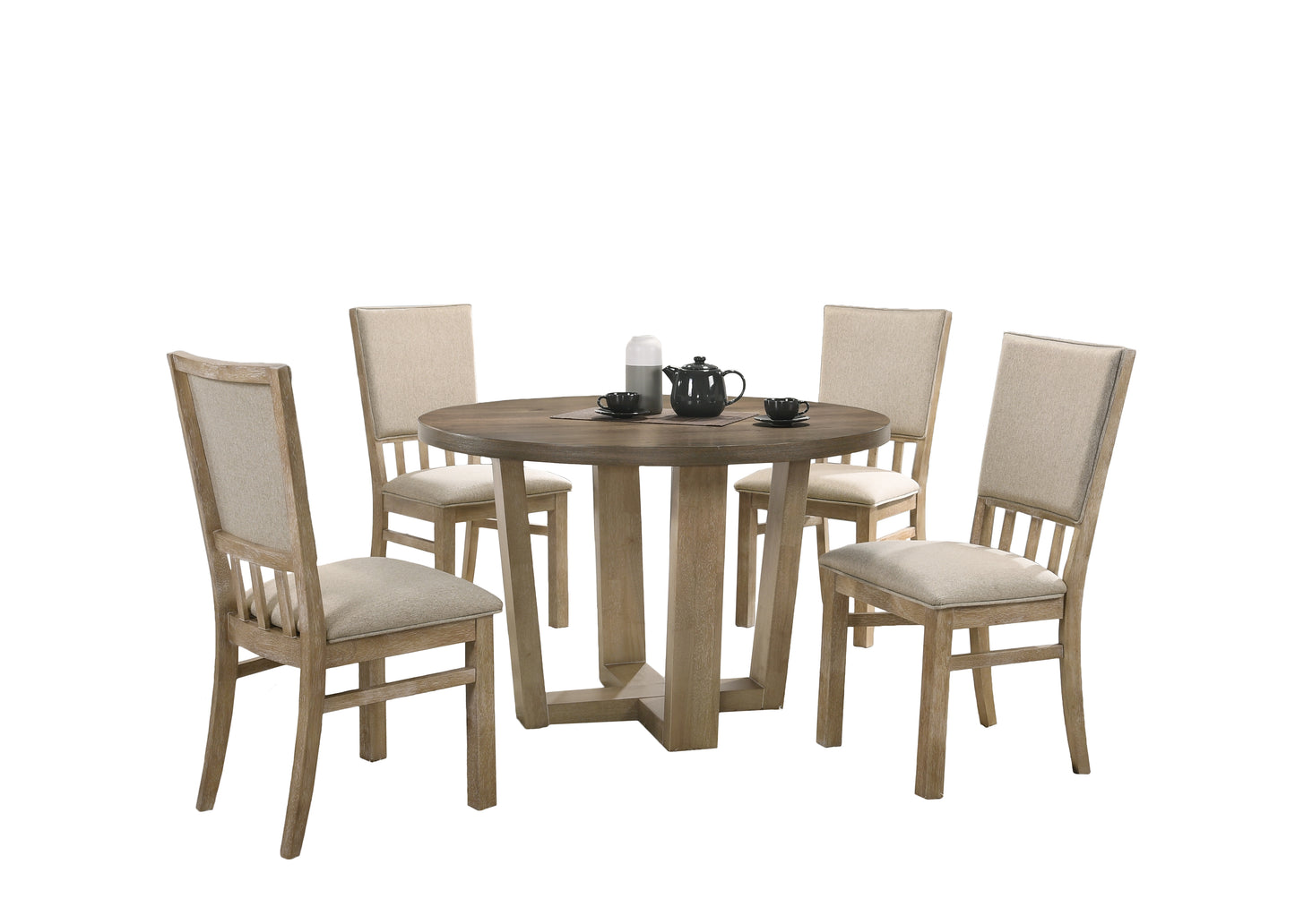 Round wooden dining table with four upholstered chairs modern farmhouse style