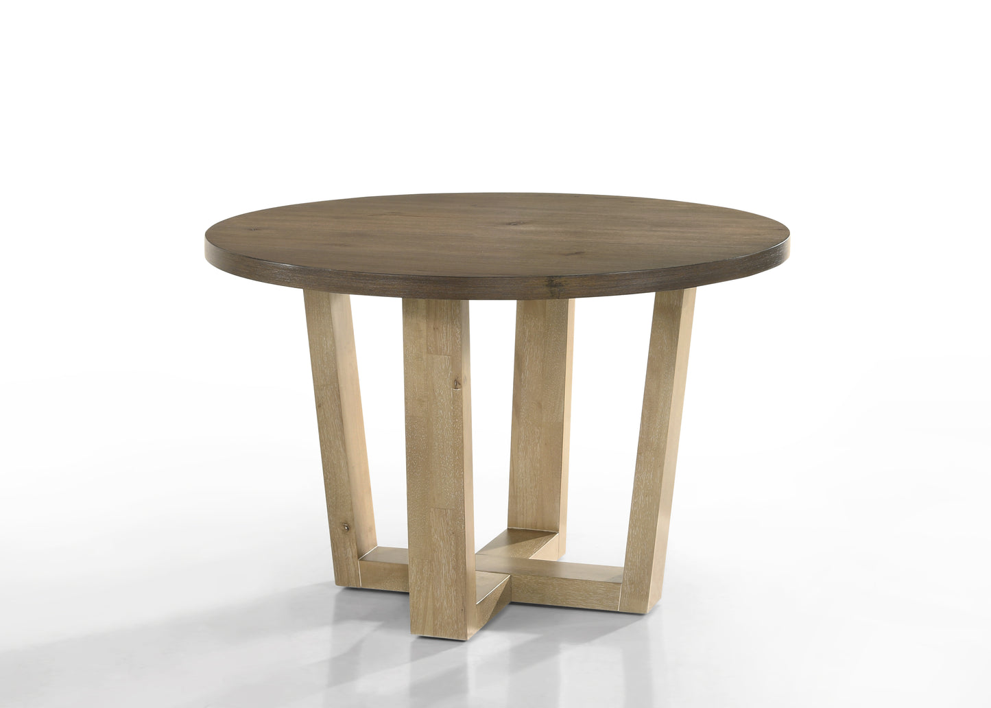 Round wood accent table with a dark oak top and light wood base