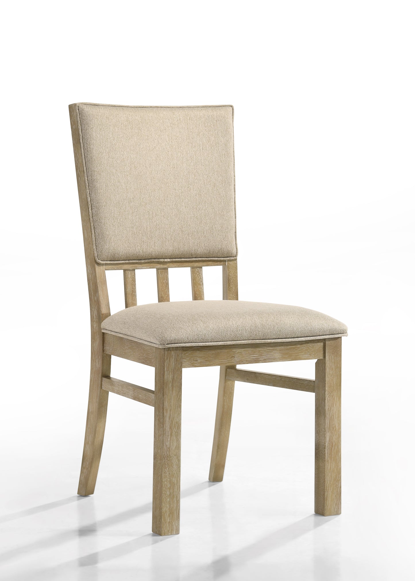 Light oak wood dining chair with textured beige fabric seat and back
