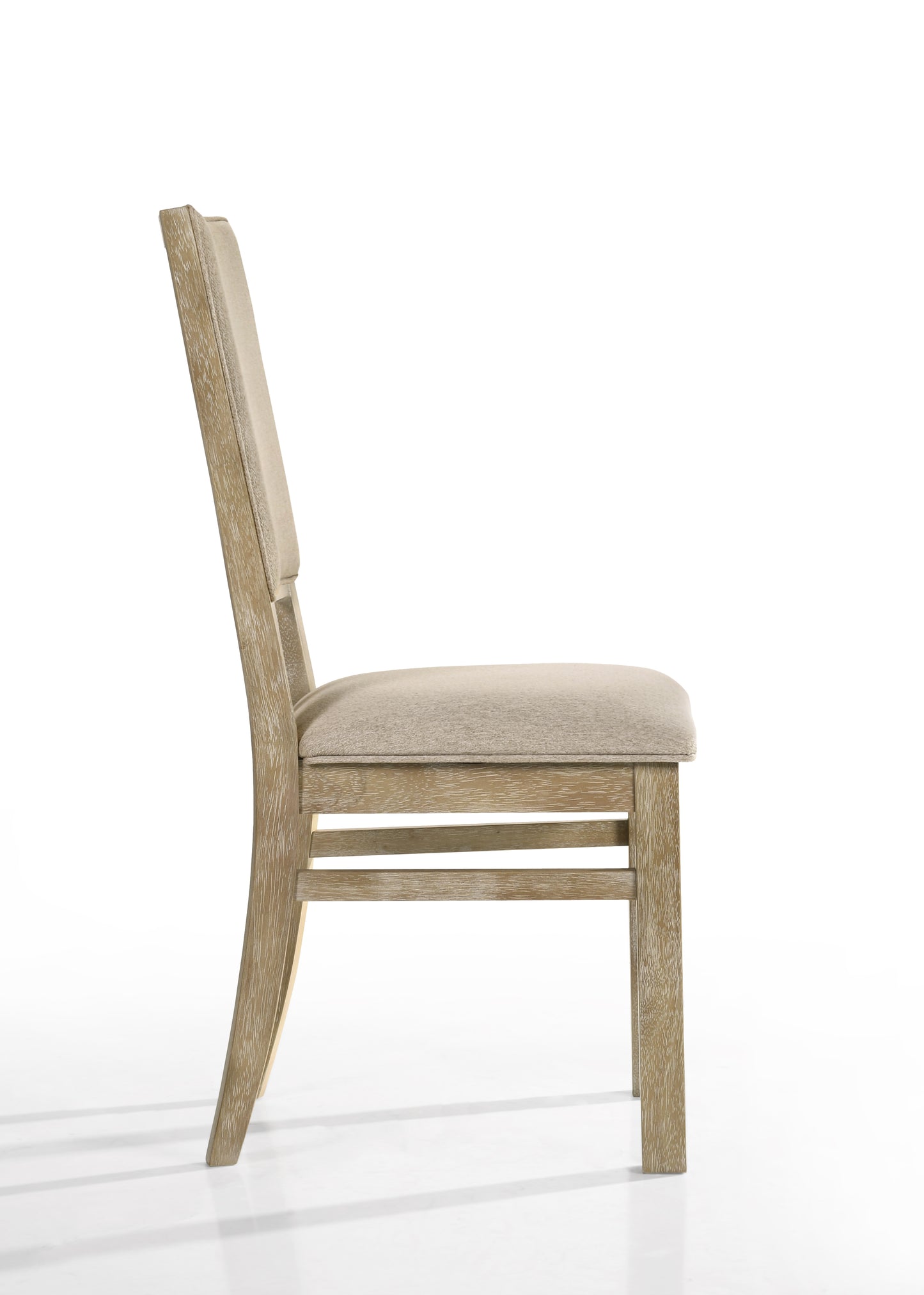 Side view of a light oak dining chair with a natural linen upholstered seat and back