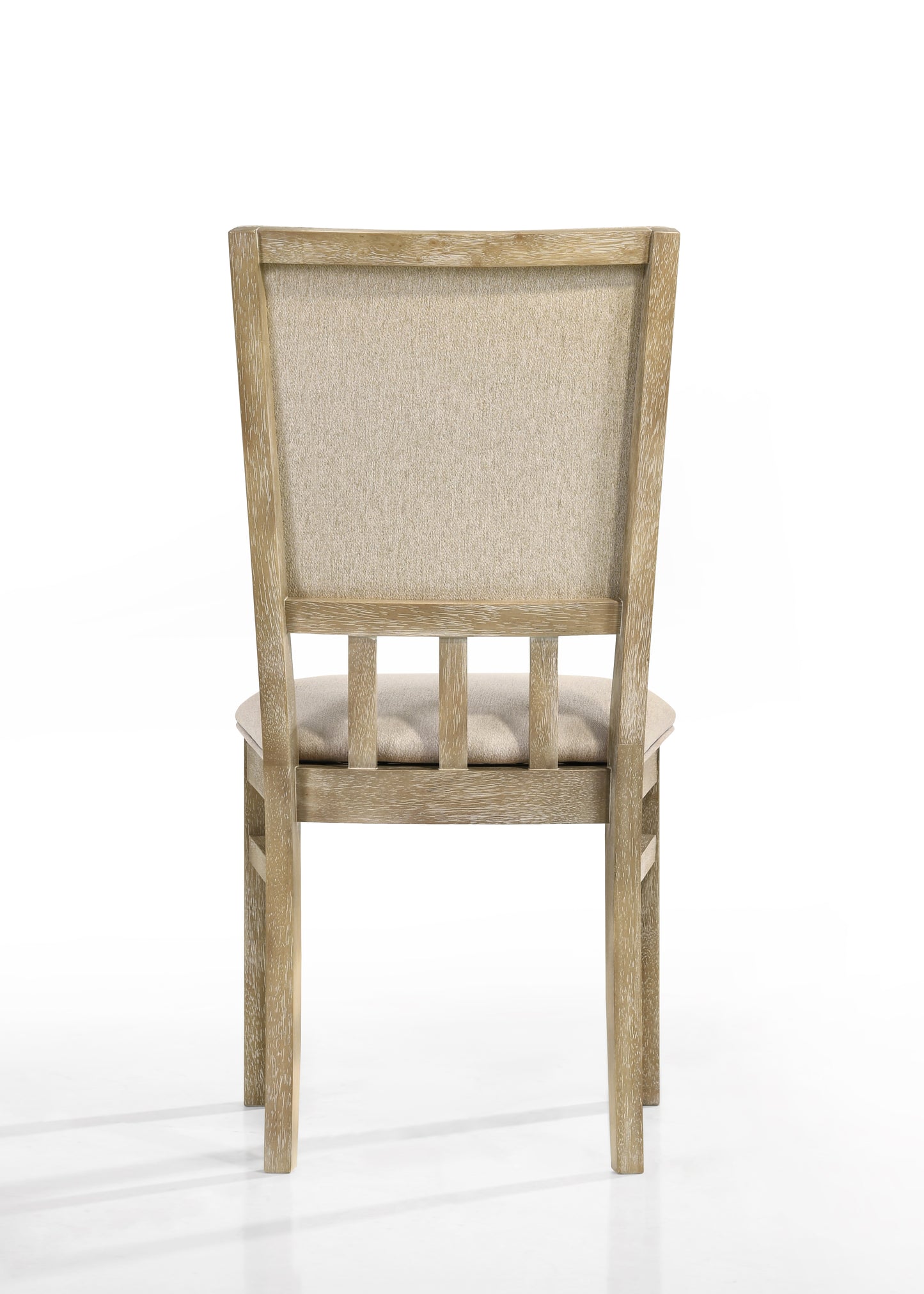 Back view of a rustic oak dining chair with a beige upholstered seat and spindle back