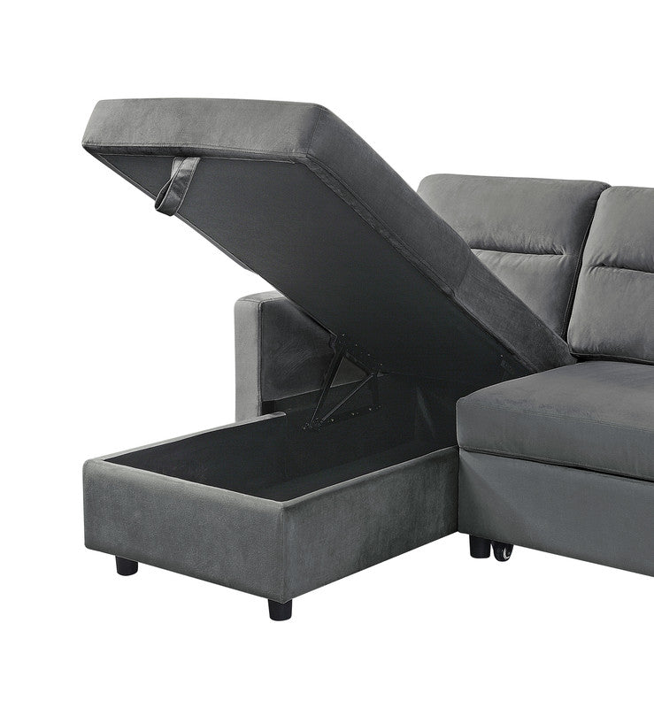 Gray velvet sectional sofa with lifttop chaise storage compartment open