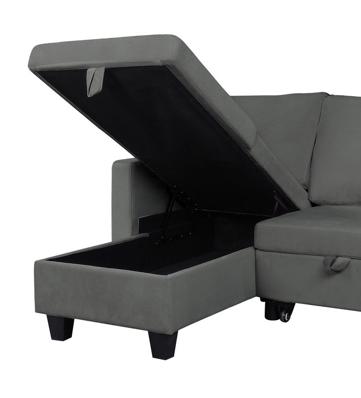 Gray sectional sofa with lifttop chaise lounge revealing ample storage for blankets and cushions