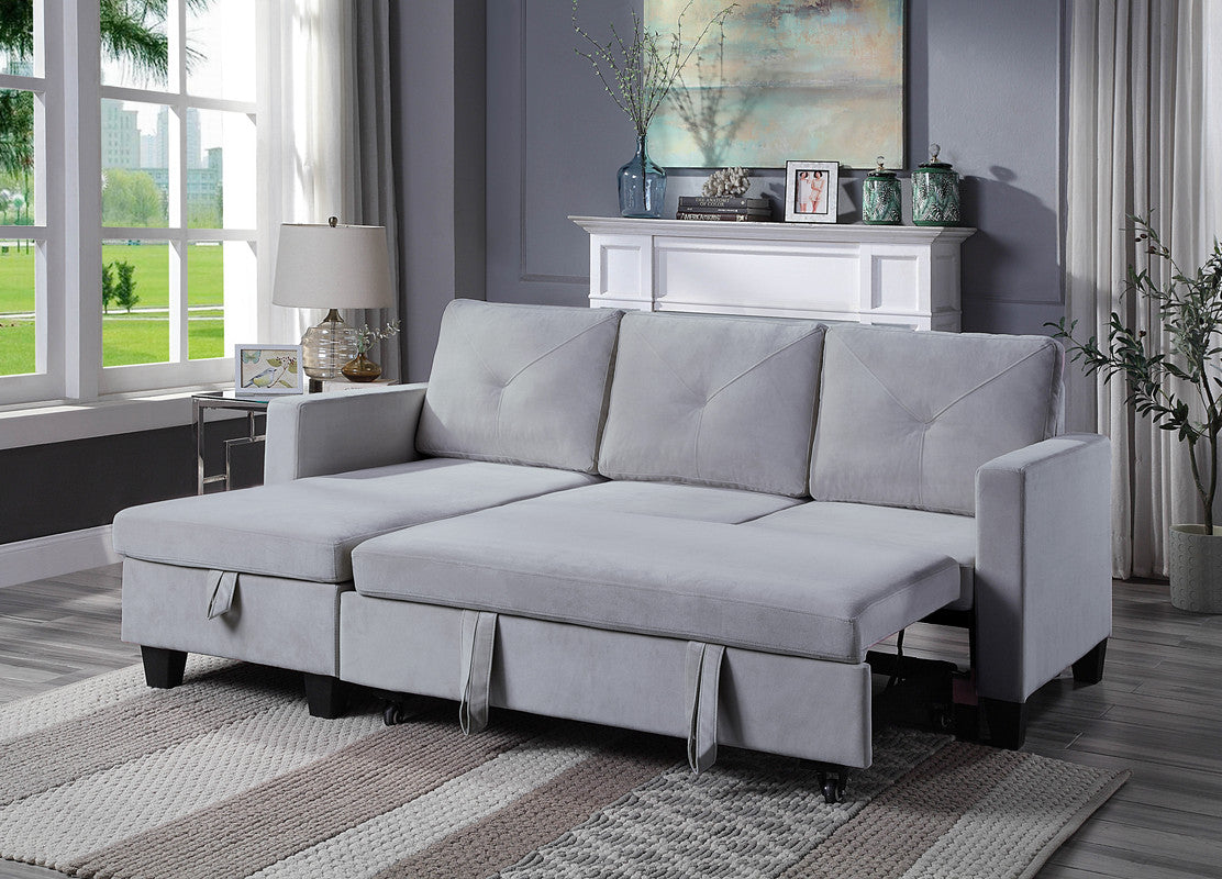 Light gray suede sectional sofa with pullout bed feature perfect for small living spaces