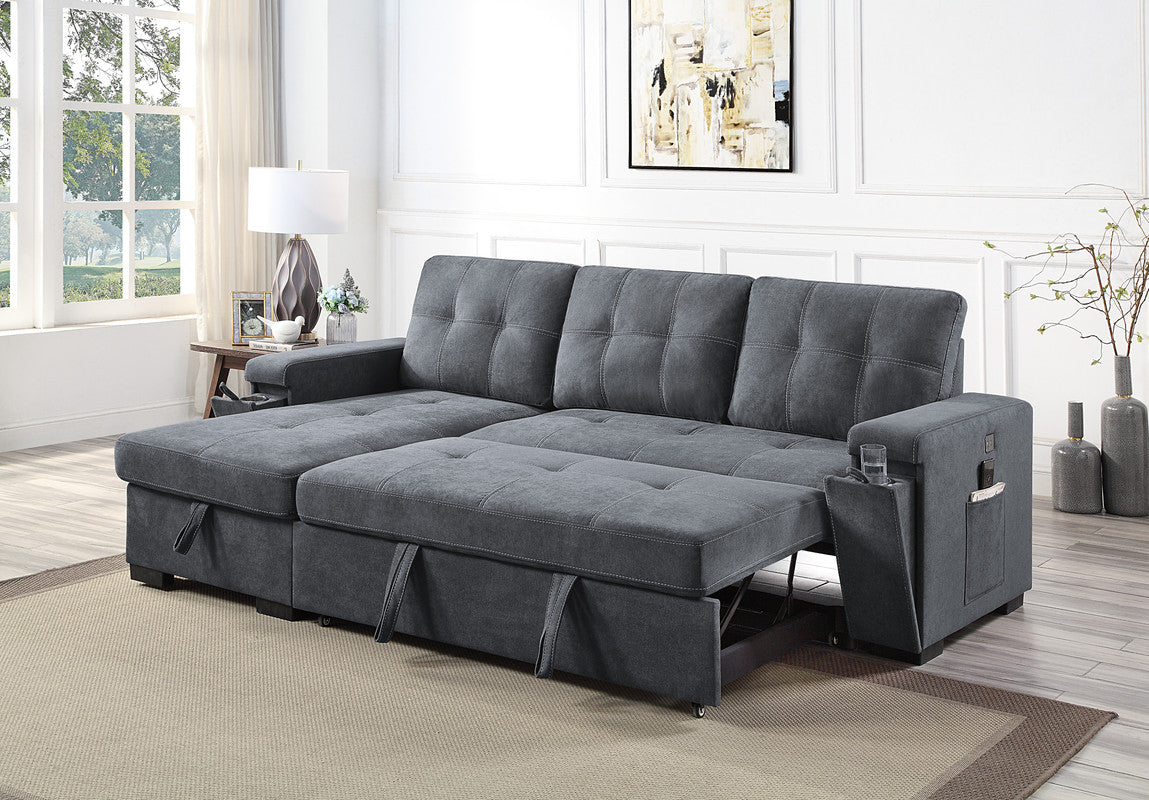 Dark grey fabric sectional sofa with chaise featuring tufted cushions and hidden pullout bed