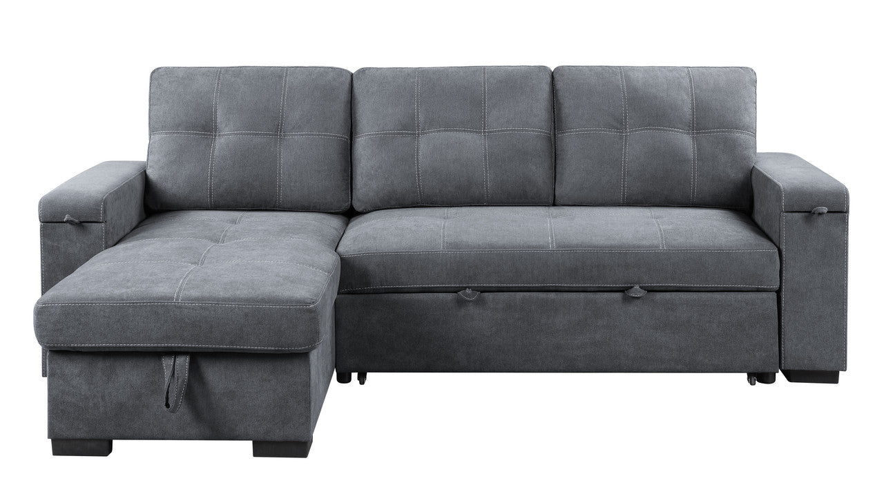 Dark grey upholstered sectional sofa with hidden storage compartments and button tufting