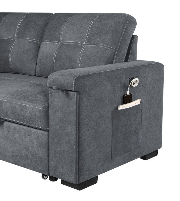 Dark gray sofa with builtin USB charger and pocket for convenient storage