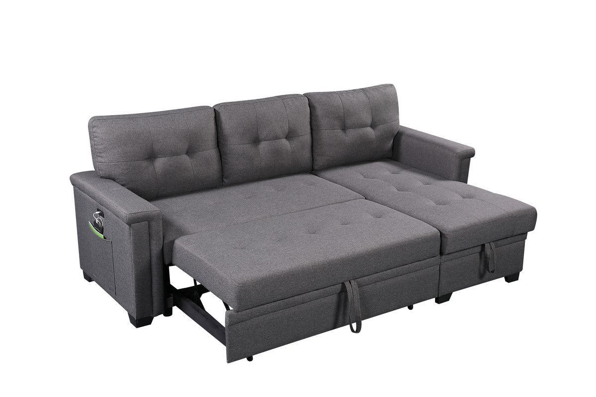Grey fabric sectional sofa with pullout bed and storage chaise