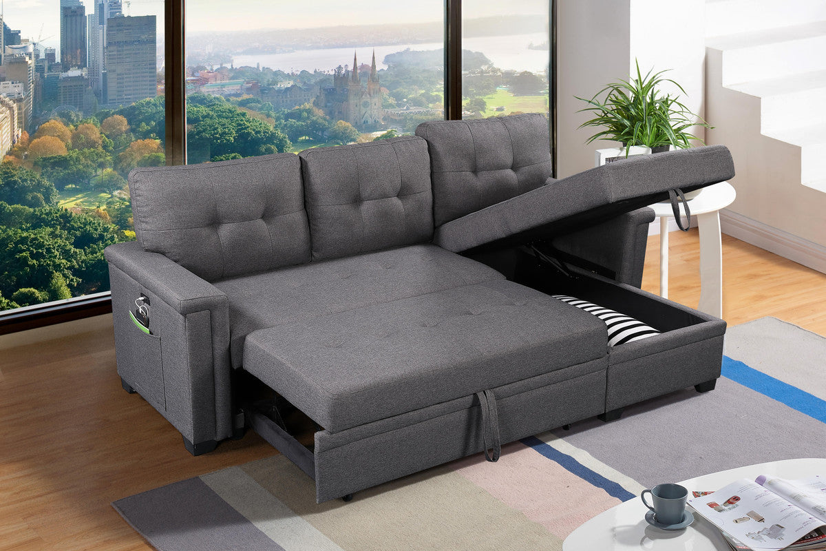 Gray sectional sofa with hidden storage and pullout bed feature