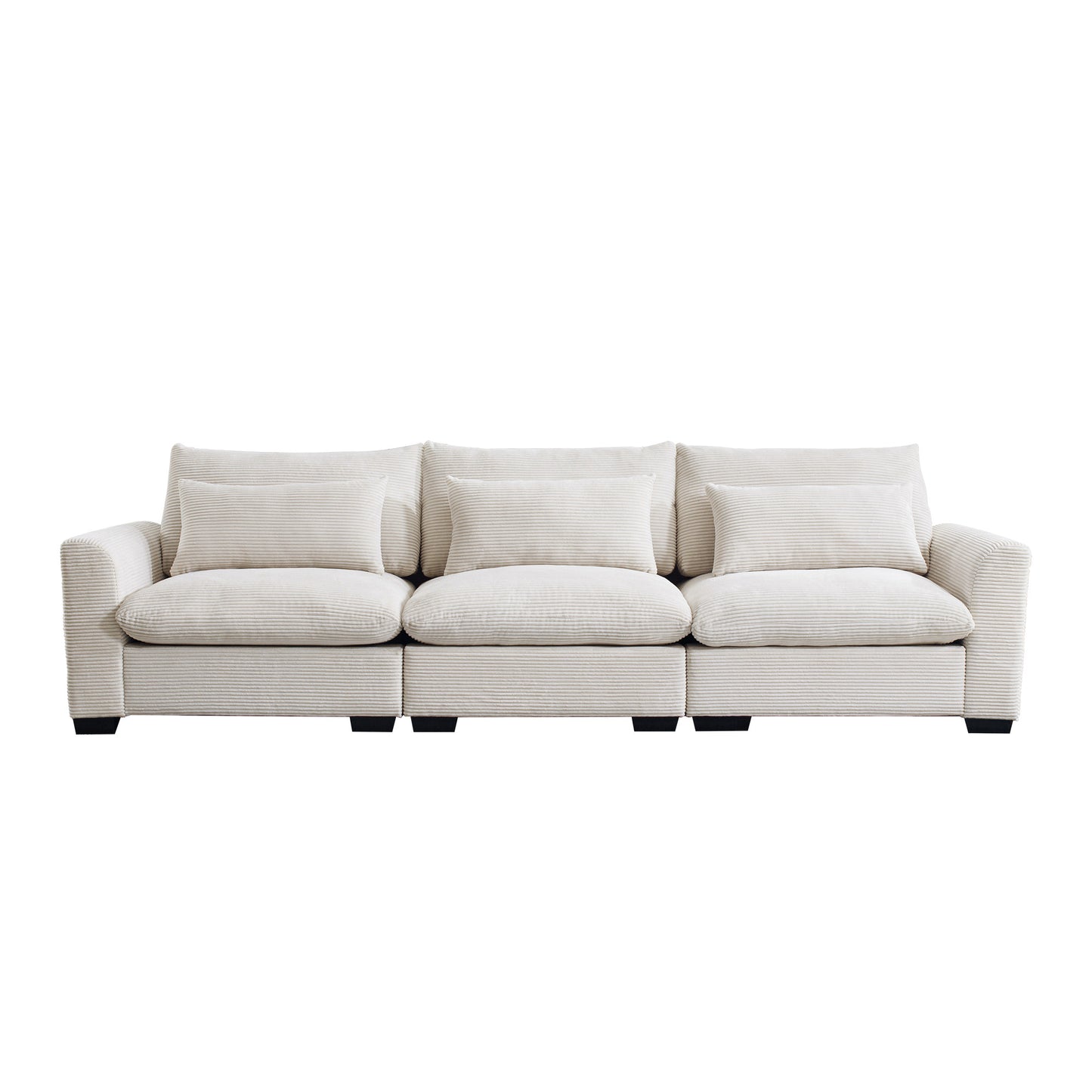 Cream corduroy modular sectional sofa with plush seat cushions and throw pillows
